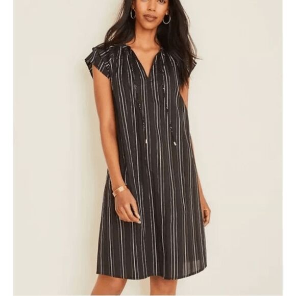Ann Taylor NWT Metallic Stripe Tie Neck Shift Dress In Black, Sz 6, MP $139 - Picture 1 of 10